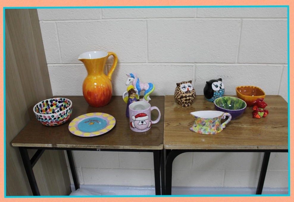 some of the lovely hand painted pottery designed by ICA members at Wine and Design Night at Crazy Glazing Wicklow after having been glazed and fored ICA Wicklow Town Guild