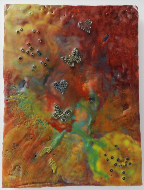 Hilary Fitzgerald mixed media encaustic Art incorborating beads and metal butterfly embellishments