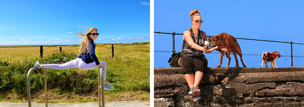 Two images. one of a girl doing the splits in the sun and the other of a lady feeding her dog from an ice cream cone